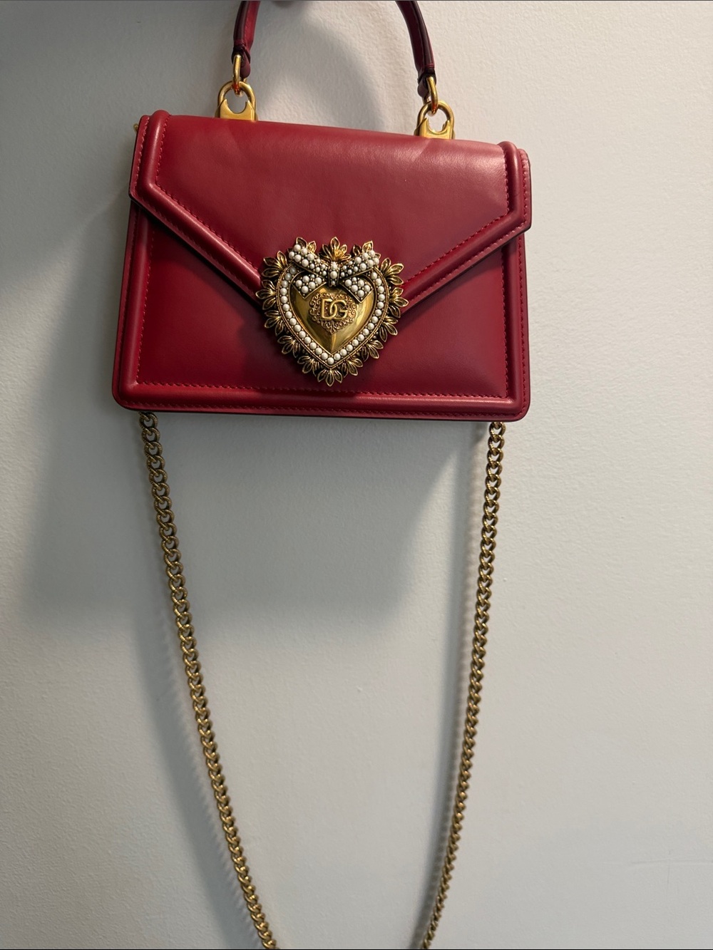 Dolce & Gabbana Red Leather Crossbody Bag with Gold Heart Medallion